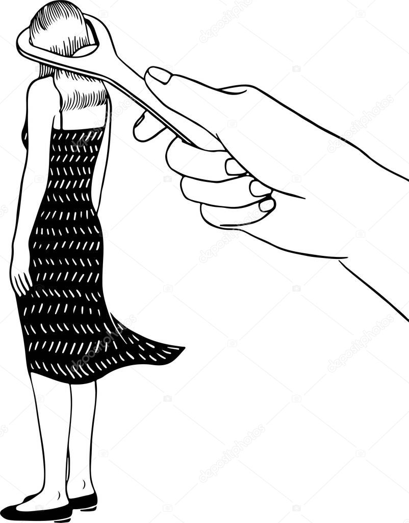  Abstract  vector illustration of girl imitates a bottle and hand trying to open her with bottle opener