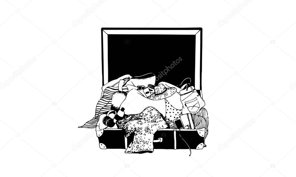  Vector illustration of a black suitcase with a pile of clothes, black and white style