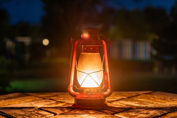 Red Petrol Lamp Old Wood Table Autumn Background — Stock Photo, Image