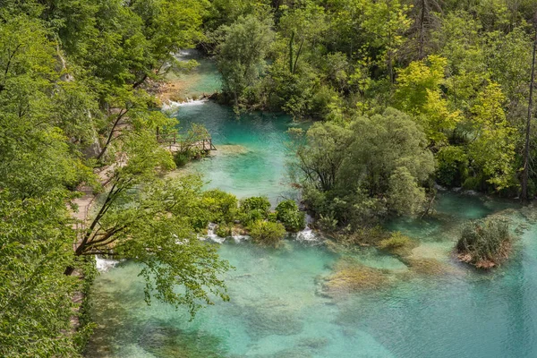 Aerial View Blue Water Long Exposure Waterfall Green Forest Plitvice — Stock Photo, Image