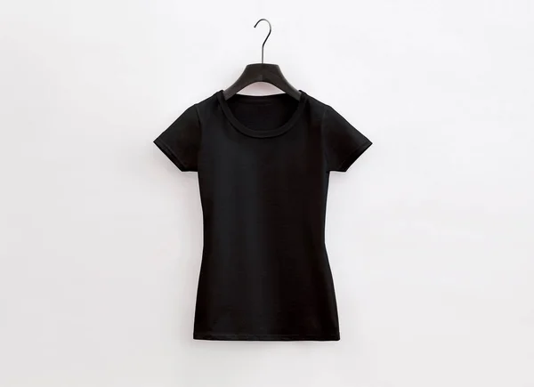 Lady Fit Neck Black Shirt Hanger White Background — стоковое фото
