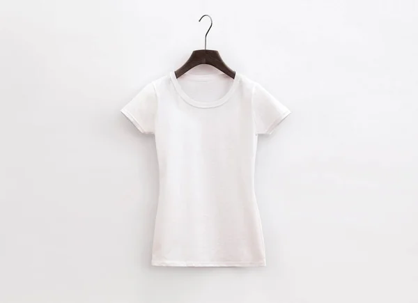 Lady Fit Neck White Shirt Hanger Light Background — стоковое фото