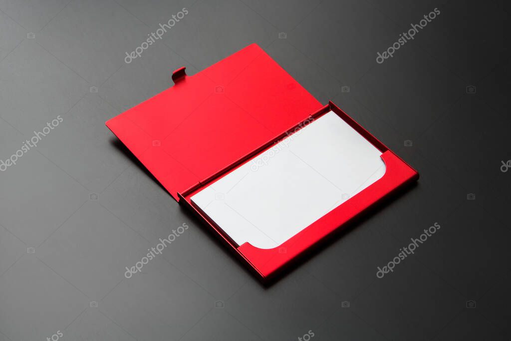 Business card metallic case red matte finish on grey background