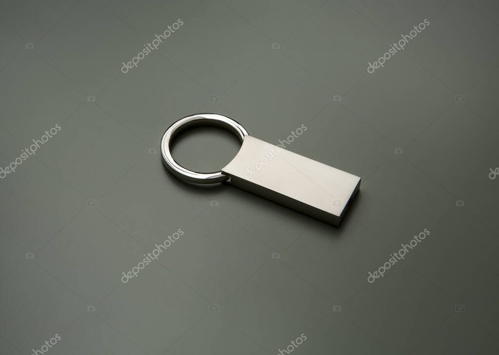 Polished silver keychain ring on a green background