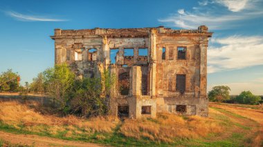 Ukrayna 'nın Odessa bölgesinde Vasylivka köyünde terk edilmiş Dubetskyh-Pankeevyh sarayının arka girişine bak