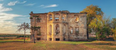 Ukrayna 'nın Odessa bölgesindeki Vasylivka köyünde sabah vakti yıkılan Dubetskyh-Pankeevyh sarayının ön cephesine bakın