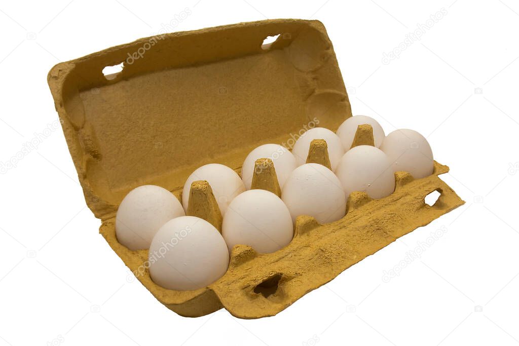 white chicken egg in package on white background with place for text