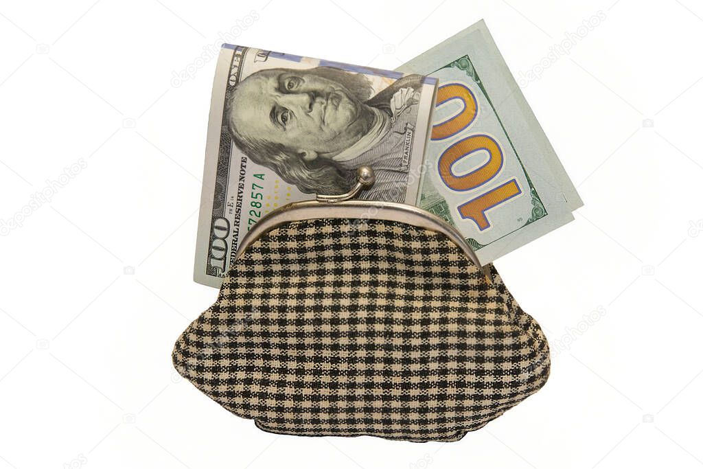 dollars in an old shabby wallet on a white background