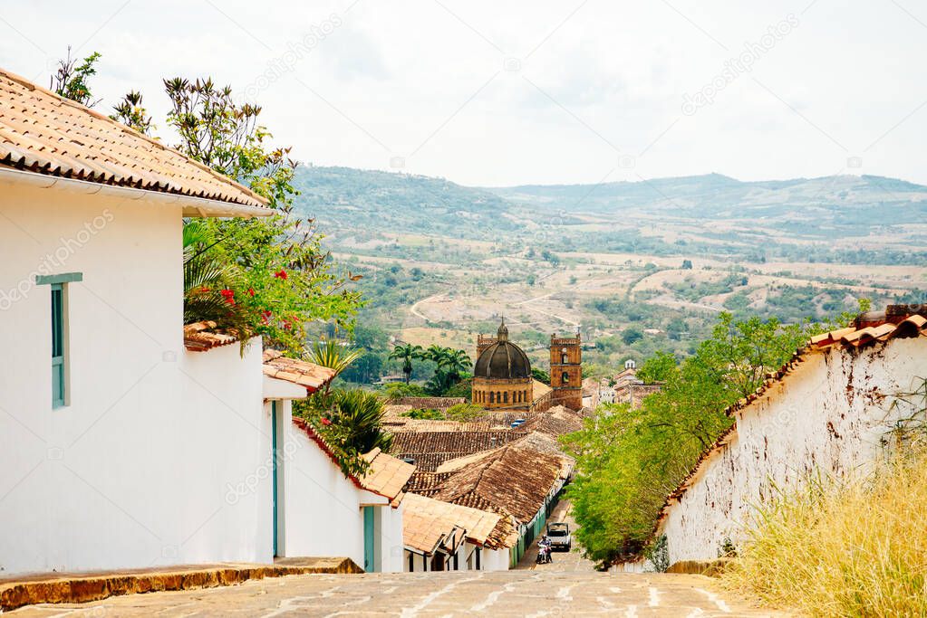 Barichara, Colombia - July 04, 2020: Cobblestone streets in Barichara. High quality photo