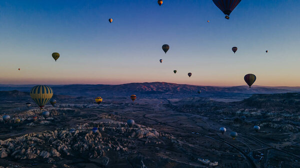 aerial view of Colorful hot air balloons at Cappadocia, Turkey. High quality photo
