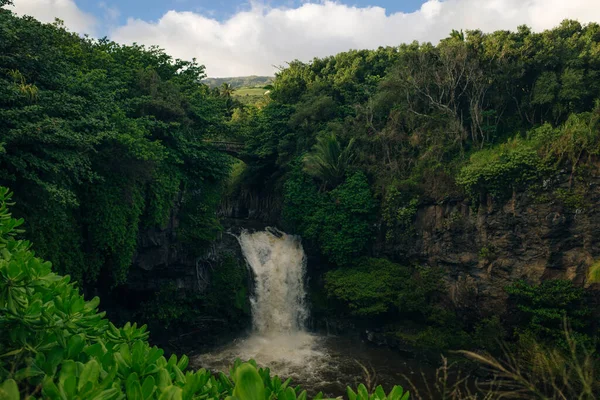 Dramatic Series Waterfalls Ohe Gulch Cascading Rocky Bridge Haleakala National — Stock Photo, Image