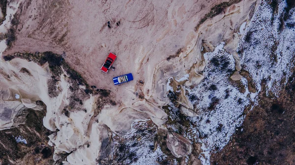 Cappadocia Turchia Auto Blu Retrò Americana Nel Deserto Durante Tramonto — Foto Stock