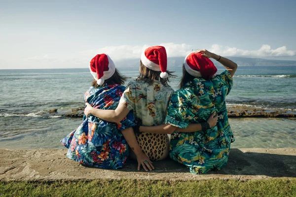 girls in hawaiian shirts sit on the beach at christmas in hawaii. High quality photo