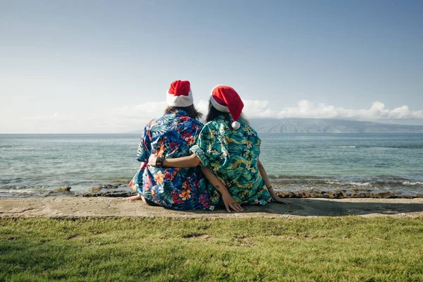 girls in hawaiian shirts sit on the beach at christmas in hawaii. High quality photo