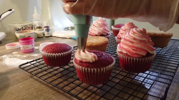 Стискаємо тісто для кексів у тримачі для кексів у випічці — стокове відео