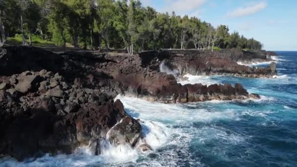 Gran ola que se estrella contra los acantilados de lava en MacKenzie State Recreation Área, PAHOA, HAWAII — Vídeo de stock