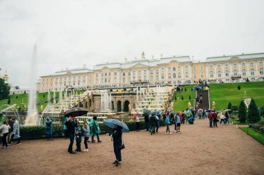 Peterhof, Rusya: Ağustos, 2021 - Saray Parkı. St. Petersburg 'un simgesini ziyaret eden turistler. Yüksek kalite fotoğraf