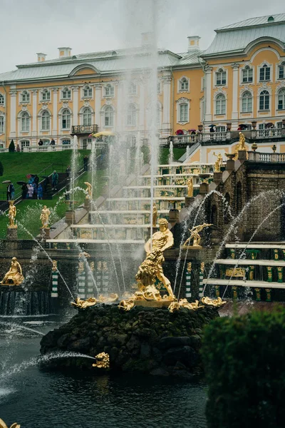 Peterhof Petergof Que Hospeda Palácio Grande Peterhof Dia Chuvoso São — Fotografia de Stock