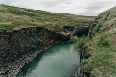 İzlanda, Studlagil Kanyonu 'ndan geçen Yeşil Nehir. Yüksek kalite fotoğraf