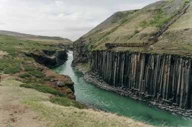 İzlanda, Studlagil Kanyonu 'ndan geçen Yeşil Nehir. Yüksek kalite fotoğraf