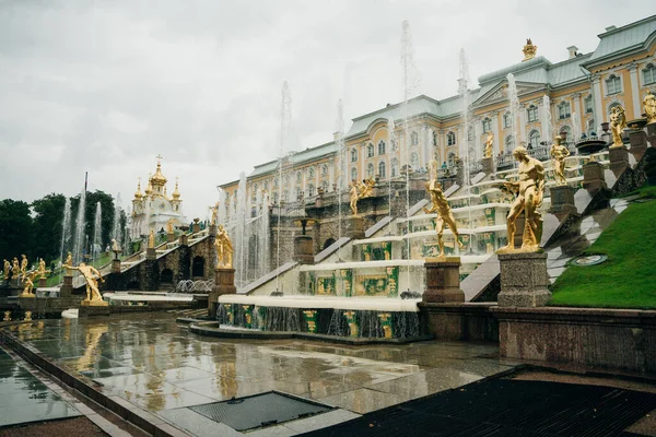 Yağmurlu bir günde Büyük Peterhof Sarayı 'na ev sahipliği yapan Peterhof (Petergof). Saint Petersburg, Rusya - Ağustos, 2021. Yüksek kalite fotoğraf
