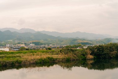 Shikoku, Japonya - 3 Ağustos 2025 Japon şehri Kazo 'daki pirinç tarlasına giden yol. Sudaki evlerin yansıması. Yüksek kalite fotoğraf
