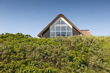 Kumul mavi gökyüzü ve yeşil çim ile geleneksel Danimarka evde