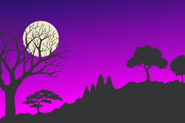 Siluet manzara tasarım şablonu, ağaçlar manzaralı