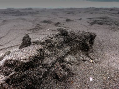Siyah kumsal manzaralı bir fotoğraf.