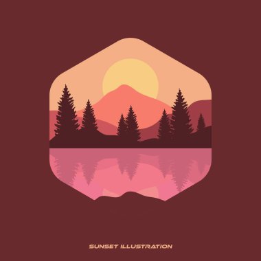 Dağ, ağaçlar ve göl manzarası logo tasarım şablonu