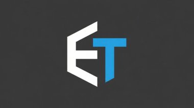 Koyu gri arkaplanda beyaz ve mavi harflerle ET logosu