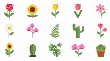 Çiçekler karikatür tarzında simgeler oluşturur. Çiçek vektör sembolü büyük koleksiyonu.