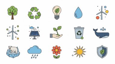 Ekoloji ikonları ayarlandı. Beyaz arkaplanda izole edilmiş ekoloji vektör simgeleri dizisi