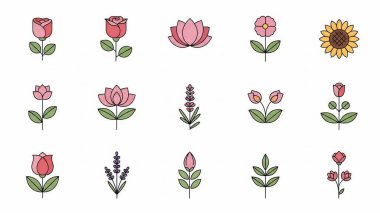 Çiçek ve yaprak ikonları demeti vektör illüstrasyon tasarımı ayarla