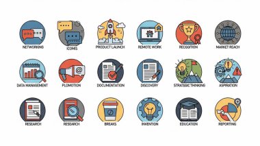 Çeşitli şekillerde ve tasarımlarda çeşitli renkli karikatür çiçekleri.