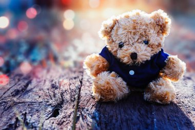 Oyuncak ayı, sabah tahta zeminde güzel bir bokeh ile oturuyor..