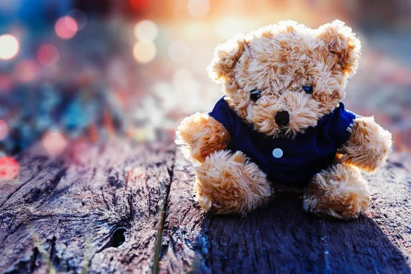 Teddy Bear Sitting Wooden Floor Morning Beautiful Bokeh — Stock Photo, Image