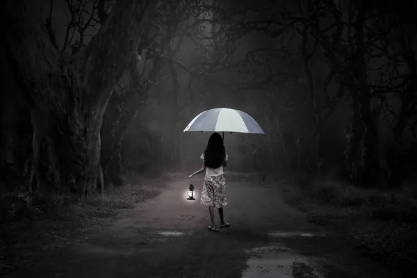 Yağmurun yaklaştığını gösteren siyah beyaz bir resim. Elinde fener olan küçük bir kız Kin 'deki ormanda tek başına eve yürür..