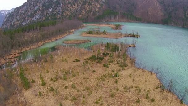 Meer in de Alpen, luchtfoto Oostenrijk, Almsee, almtal — Stockvideo