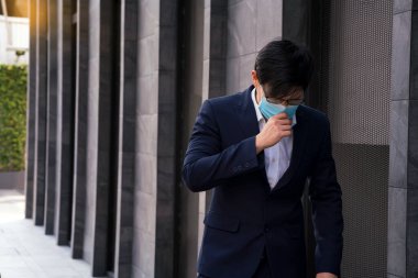 Company employees wearing masks and coughing caused by dust and coronavirus infection clipart