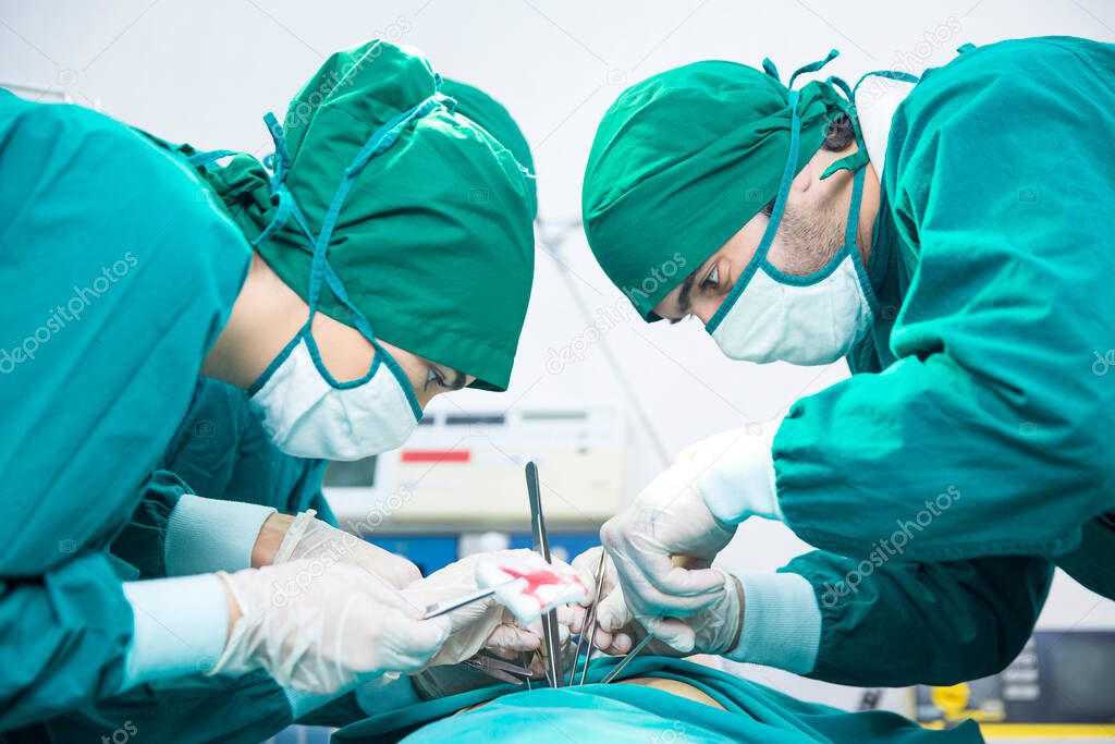 The surgeon doctor team is working in the operating room. Male surgeon holding instrument in abdomen of patient.