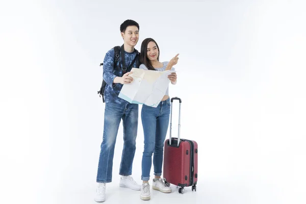 Casal Jovem Que Empacota Para Viagens Férias Isolado Jovem Asiático — Fotografia de Stock
