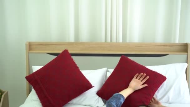 Young Couple Travel Together Hotel Room Couple Lying Mattress Hotel — ストック動画