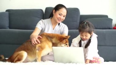 Oturma odasında Shiba Inu köpekleriyle bilgisayar kullanan bir anne ve kız.. 