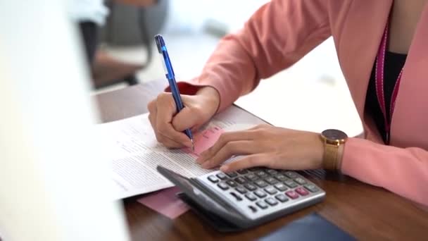 Woman Working Document Person Seated Table Cup Hot Coffee Reading — Stock Video