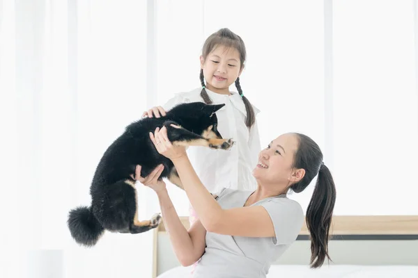 母親と娘がベッドの上に黒い柴犬の子犬を抱いていた — ストック写真