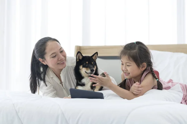 母を持つアジア系の少女が芝犬とベッドに腰を下ろしていた 犬との成功のために少女が手を携えて — ストック写真