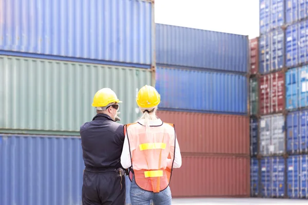 Import and Export concept. Container Shipping Logistics of import and export transportation industry. The back of foreman and manager work with laptop and stand in front of cargo containers.