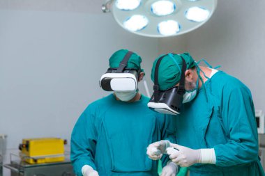 Doctor surgeon wearing virtual reality glasses. The surgeon is doing surgery by inserting a camera and using a virtual reality controller. clipart