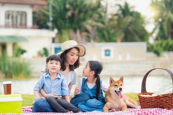 Une Famille Asiatique Joue Avec Chien Shiba Inu Bonne Famille — Photo